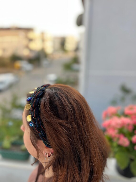Turkish Evil Eye Headband - Black Cotton Woven Hair Band  display picture 1