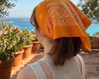 Orange Paisley Cotton Bandana Hair Band, Face Covering Neck Scarf
