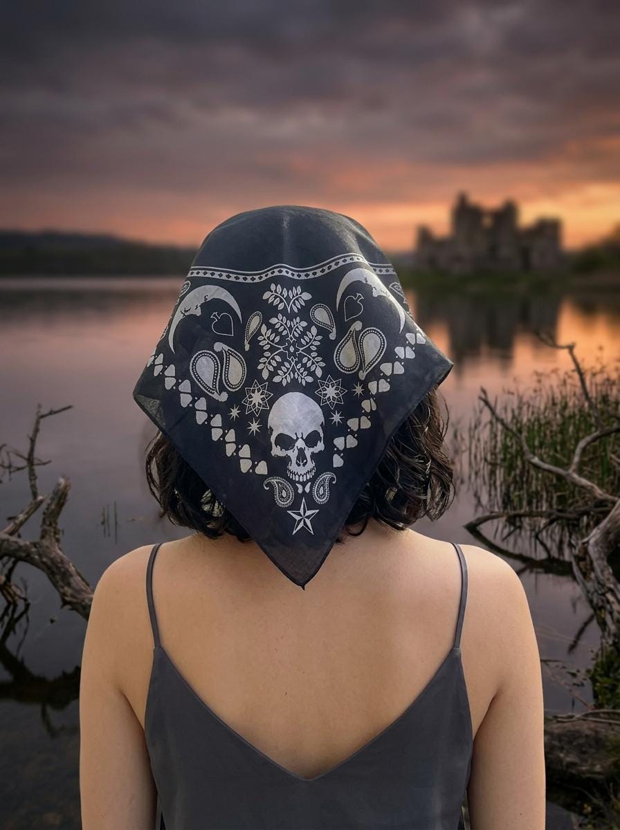 Gothic Moon Skull Bandana, Black Square Scarf With Paisley and