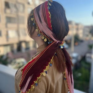 Turkish Keşan Bandana: Red Headscarf with Evil Eye Beads & Gold Coins