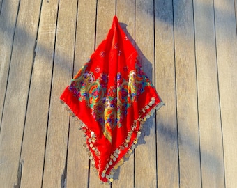 Traditional Cotton Scarf with Turkish Flair - Red Floral Design and Intricate Crochet Work