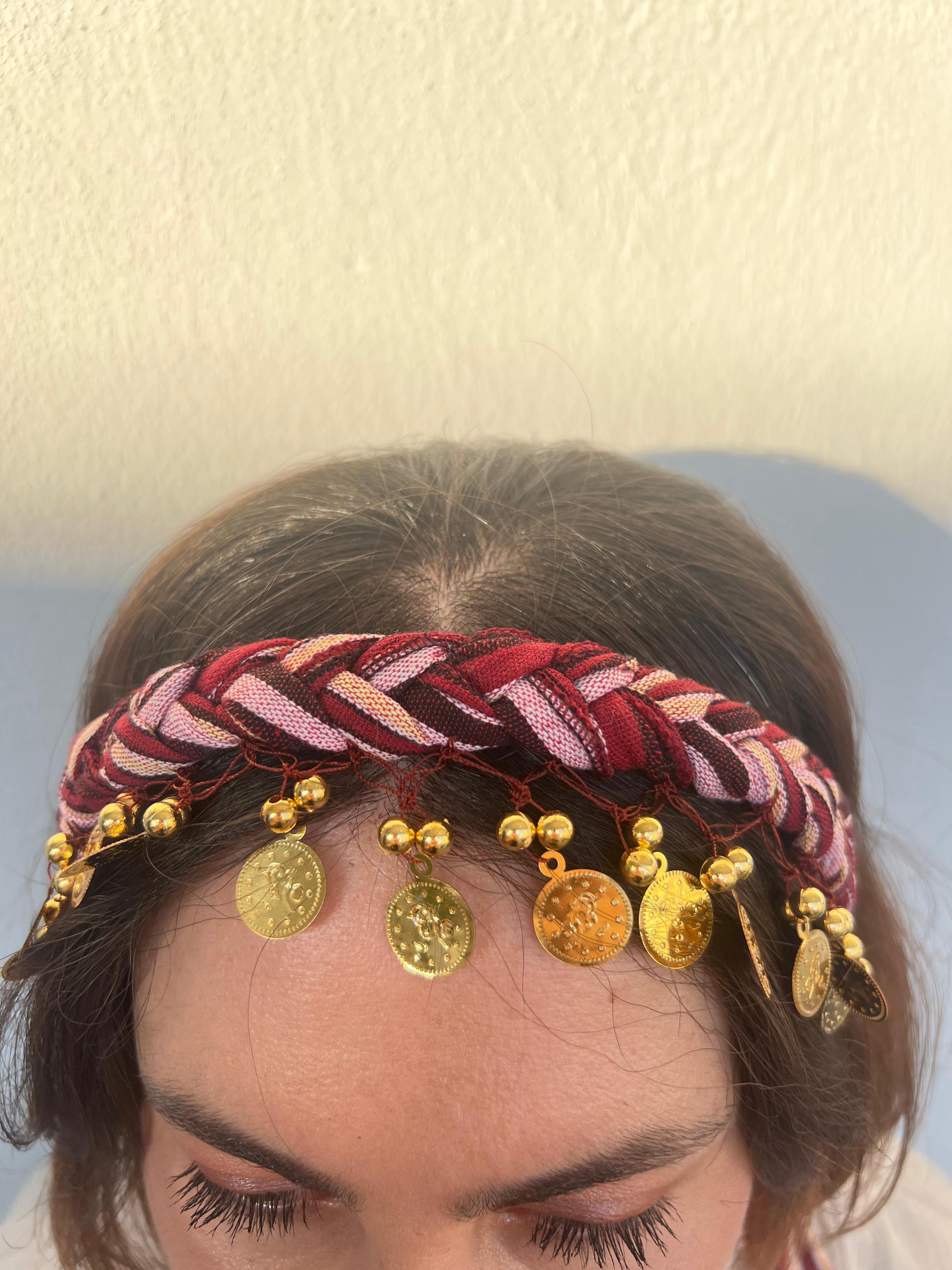 Red Braided Headband Handmade Boho Hair Accessory With Gold 