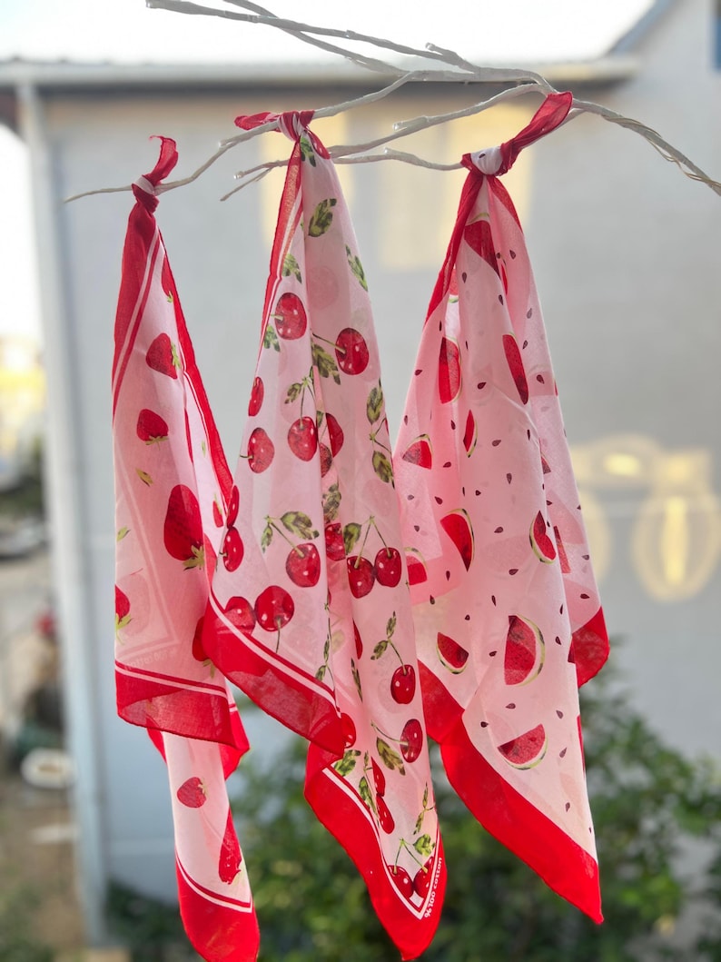 May include: Three light pink bandanas with red borders and fruit patterns, including strawberries, cherries, and watermelon slices, are tied to a white branch. The bandanas are hanging in front of a blurred outdoor background.