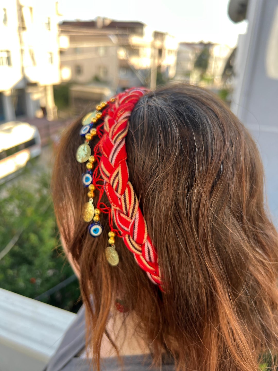 Red Braided Headband: Turkish Gold Coins & Evil Eye Charms 