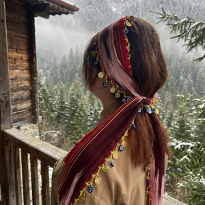 Pañuelo turco Keşan tejido a mano / Evil Eye & Coin Boho Headscarf