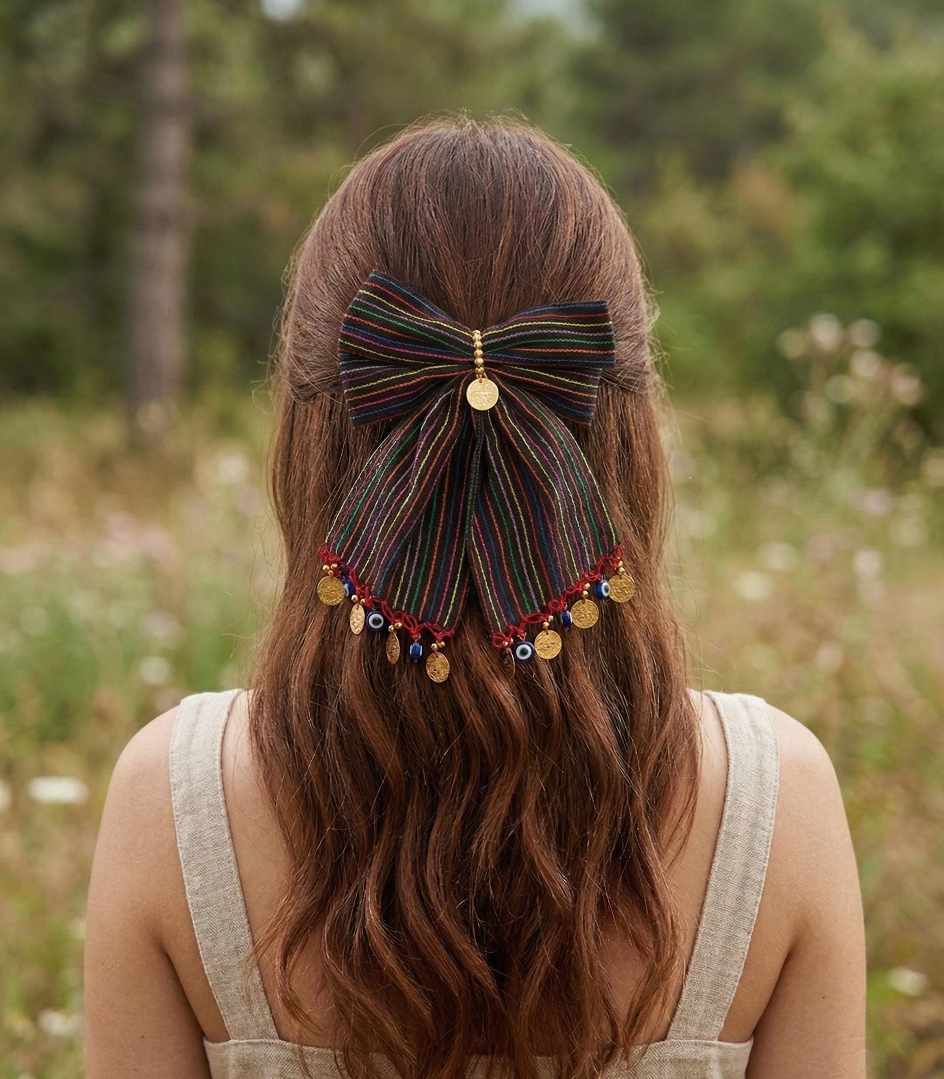 ストライプリボンヘアクリップ トルココインチャーム、かぎ針編み