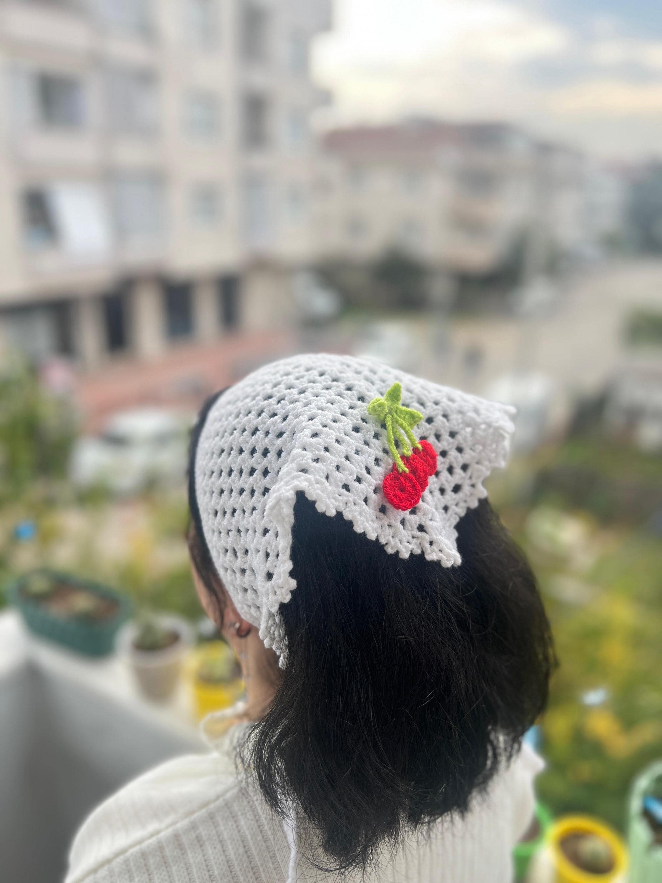 Cherry Patterned - Handmade White - Crocheted Triangle  display picture 3