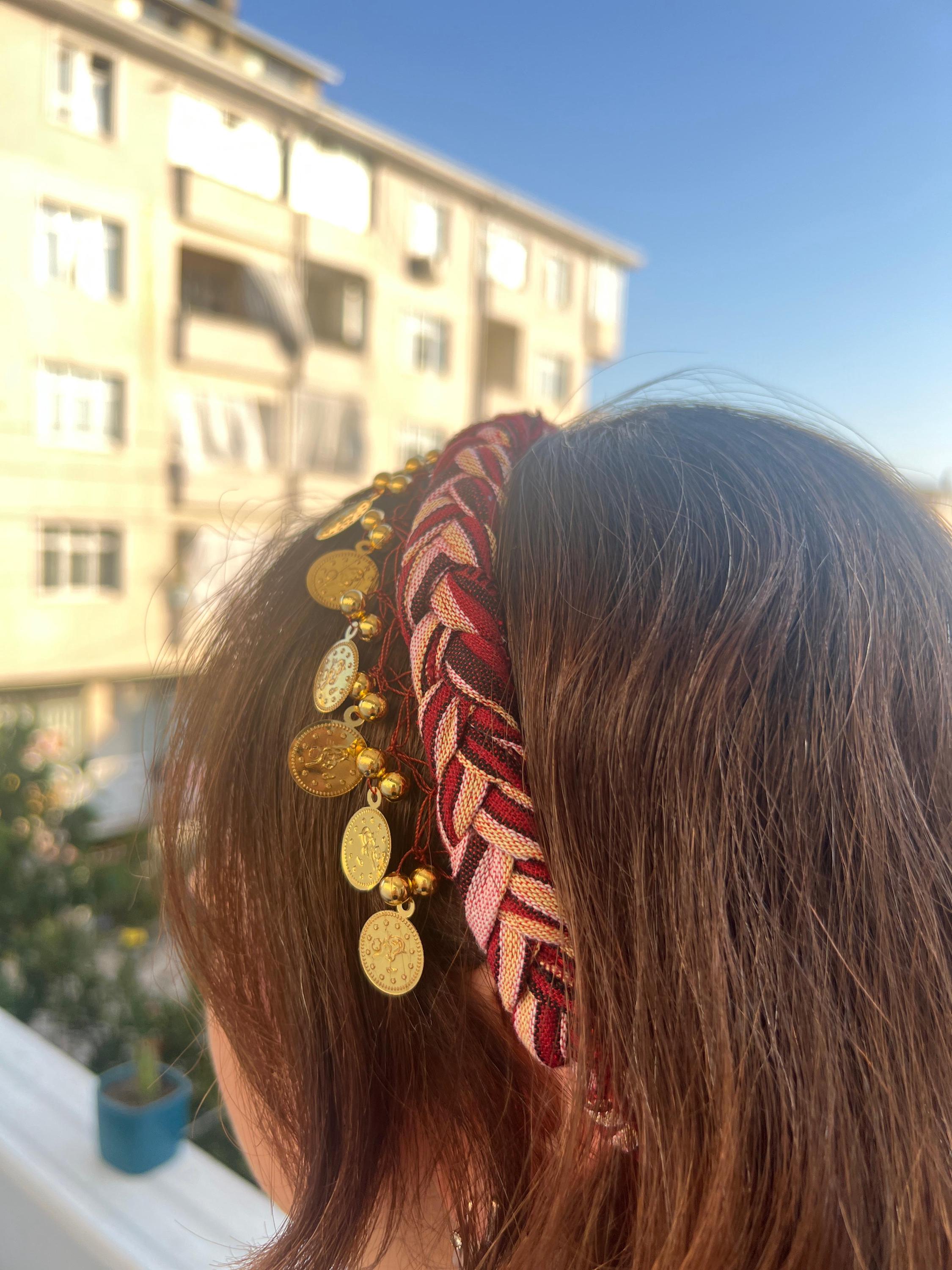 Red braided suede tie headband with beads and charms Red Braided Headband Handmade Boho Hair Accessory With Gold  main image 3