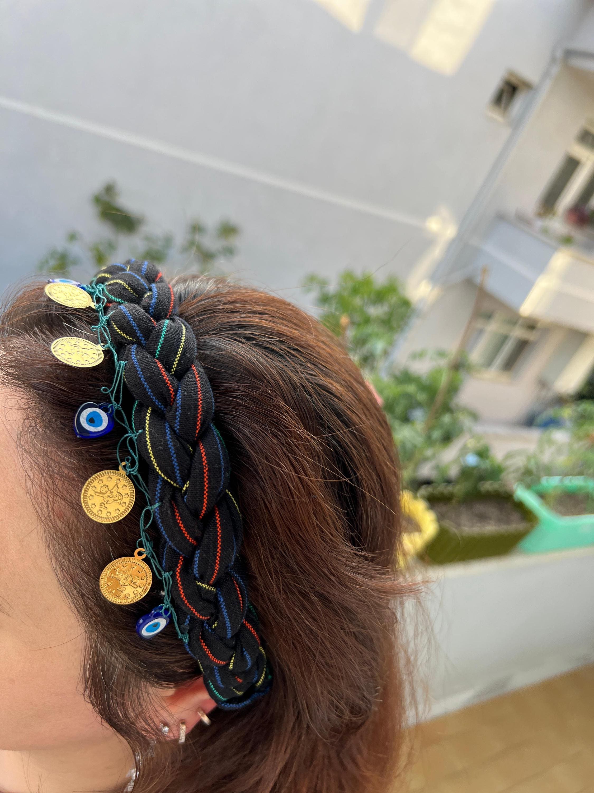 ヘアバンド2 トルコの邪眼ヘッドバンド - 金貨とナザールビーズが付いた黒の綿織り