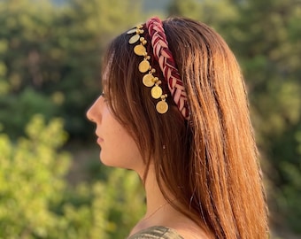 Red Braided Headband Handmade Boho Hair Accessory with Gold Charms