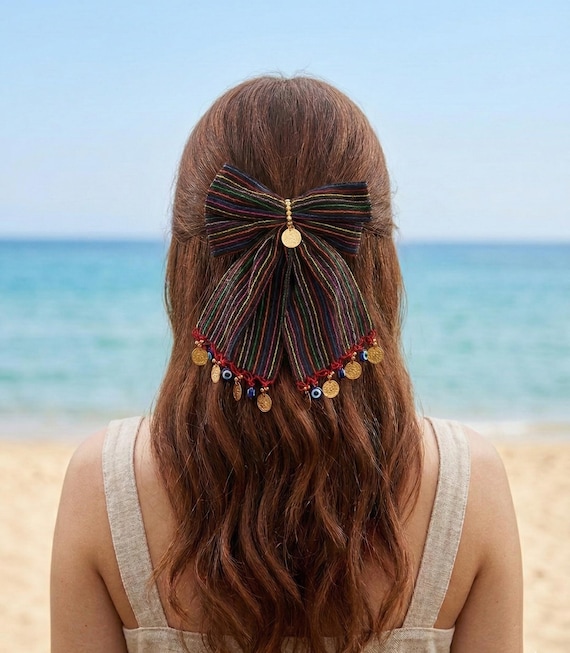 Striped Bow Hair Clip Turkish Coin Charms, Crochet Edges, Bohemian