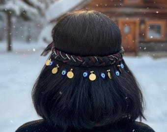Handwoven cotton Turkish hair band, Boho Hair Accessory Braided Coin Evil Eye Bead  Bandana
