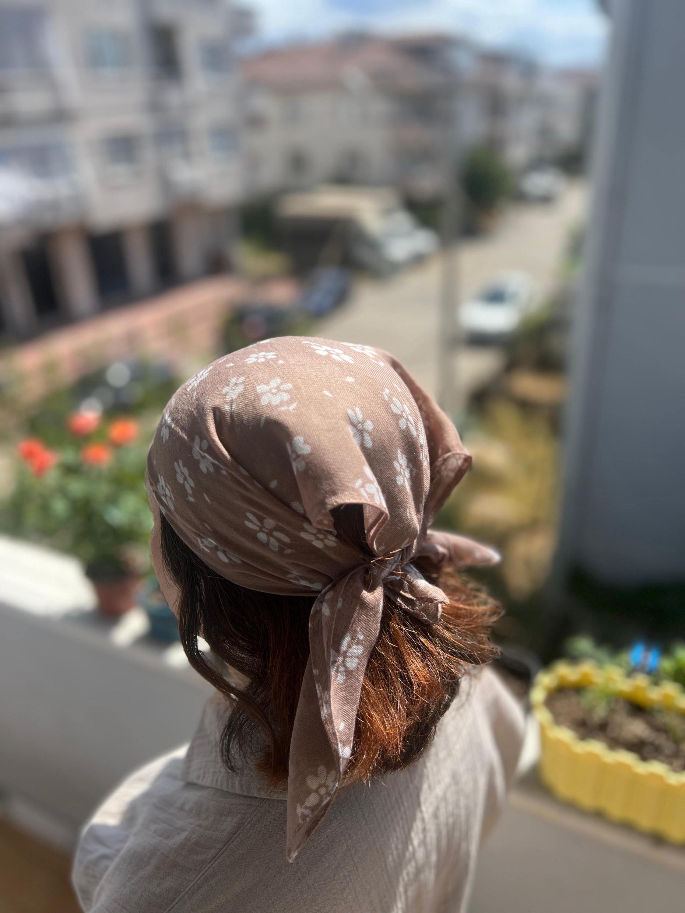 Taupe Floral Bandana: Cream Flower Print Cotton Head Scarf - Etsy