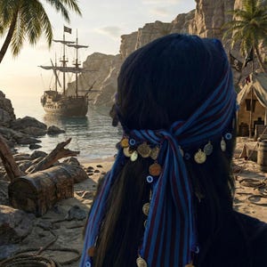 Puede incluir: Una persona con cabello oscuro lleva un pa&ntilde;uelo a rayas azules y rojas adornado con monedas de oro, mirando un barco pirata en el oc&eacute;ano. Un cofre del tesoro y palmeras son visibles en la playa, evocando un tema pirata.