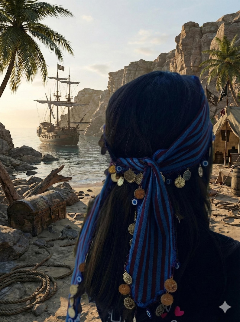 Puede incluir: Una persona con cabello oscuro lleva un pa&ntilde;uelo a rayas azules y rojas adornado con monedas de oro, mirando un barco pirata en el oc&eacute;ano. Un cofre del tesoro y palmeras son visibles en la playa, evocando un tema pirata.