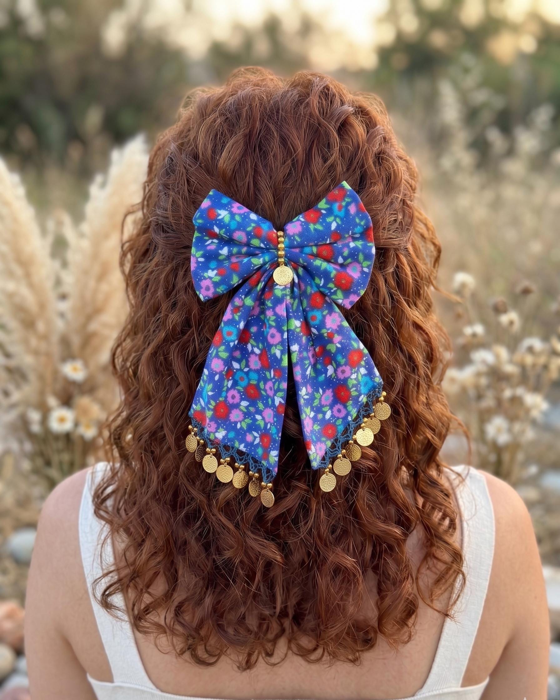 Hair Bow - Decorated With Dangling Gold Coins - Cotton  display picture 2