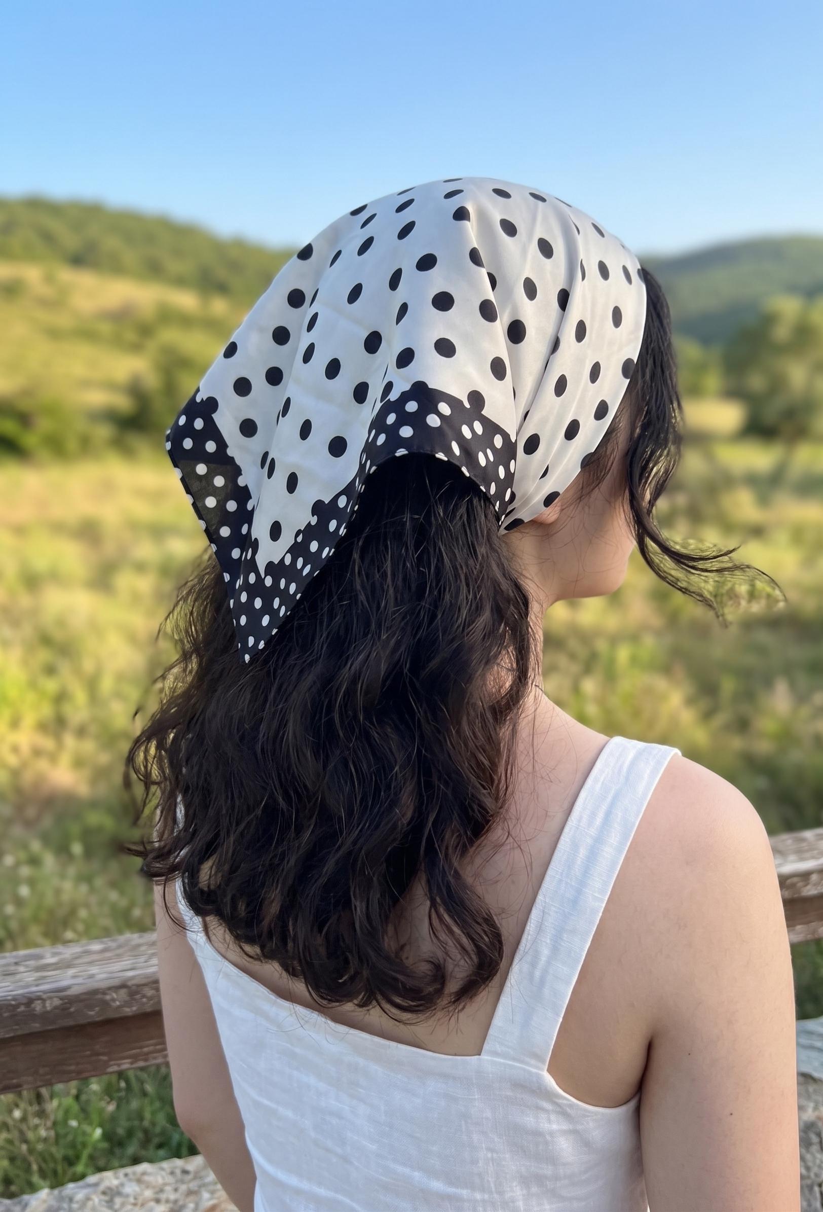 Polka Dot Satin Bandana |cream & Black Square Scarf | Retro