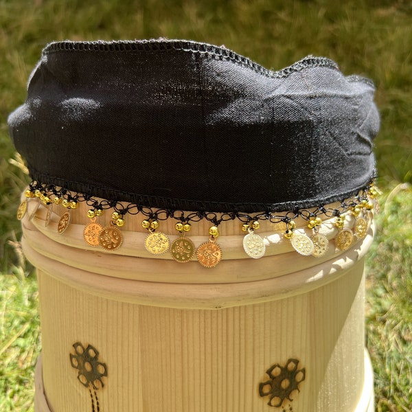 Handmade black bandana, bandana embroidered with yellow thread, crochet bandana, bandana with knitted ends tied at the back