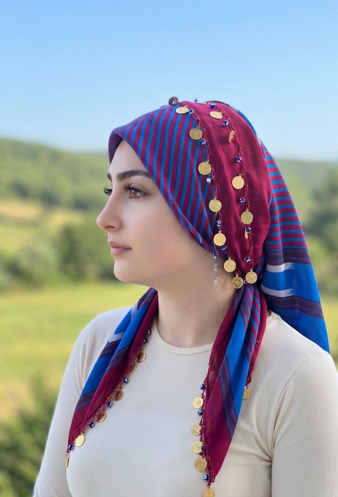 Turkishhandwoven Scarf With Evil Eye Beads and Gold Coins | Cotton ...