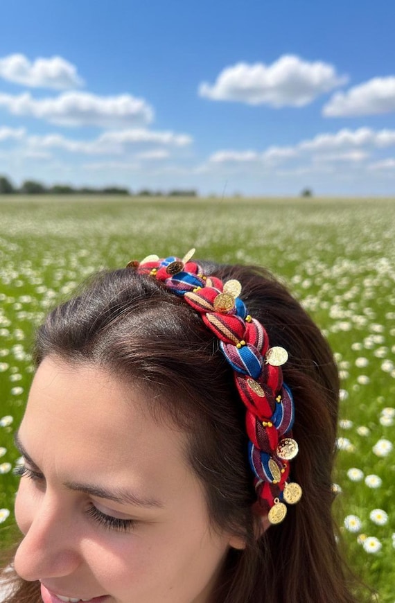 Beaded Evil Eye Statement Headband Red Pink Embellished Hair Accessory NWT Red Braided Headband: Turkish Gold Coins & Evil Eye Charms  main image 2