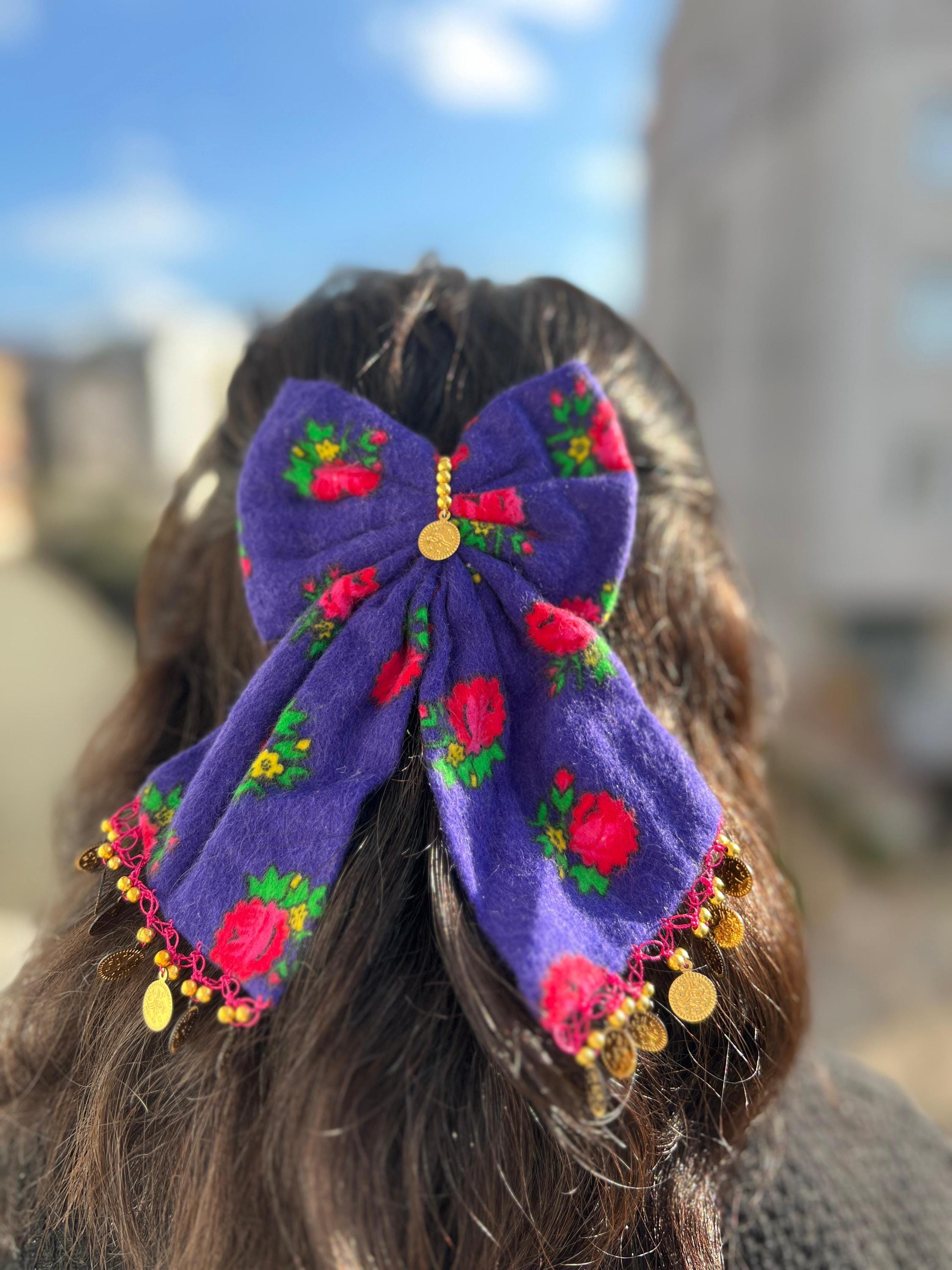 Handmade Purple Cotton Bow Hair Clip Bohemian Gold Coins and Rose