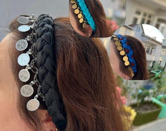 Diadema con monedas turcas: bandana de satén trenzada de 3 colores con monedas de estilo otomano