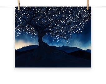 Starry Night Tree Art Poster - Celestial Landscape Print for Whimsical Home Decor