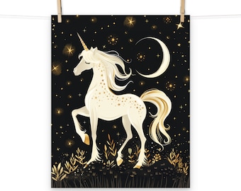 Magical Unicorn Under Starlit Sky Poster - Whimsical Fantasy Art Print for Home Decor