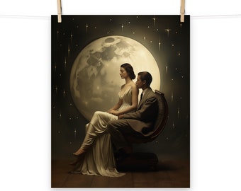 Póster vintage de pareja con luna celestial