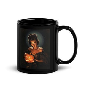 Vintage Halloween Pumpkin Pinup Black Coffee Mug