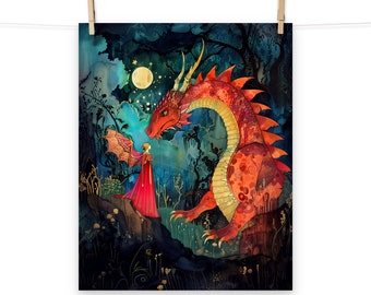 Poster Moonlight Maiden and Dragon - betoverende fantasykunst voor dromerige interieurs