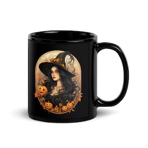 Art Nouveau Halloween Witch Black Coffee Mug