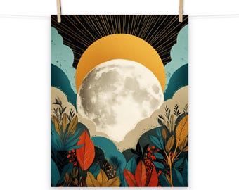 Sun and Moon Botanical Poster – Retro Celestial Wall Art – Boho Nature Print for Home Decor