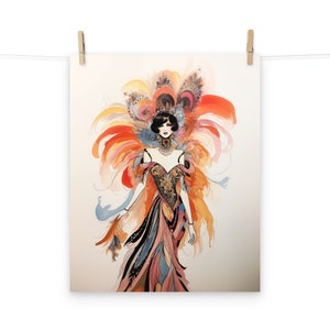 Poster acquerello con schizzo di moda di una ballerina multicolore degli anni '20