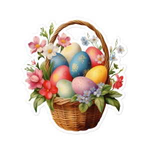 Adesivo in vinile con cestino di uova di Pasqua vintage con fiori primaverili