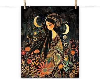 Enchanting Night Moon Maiden Poster - Celestial Wall Art for Home Decor