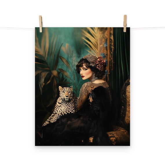 Art Deco Woman with Leopard Poster - Vintage Glamour Portrait Print for Retro Home Decor