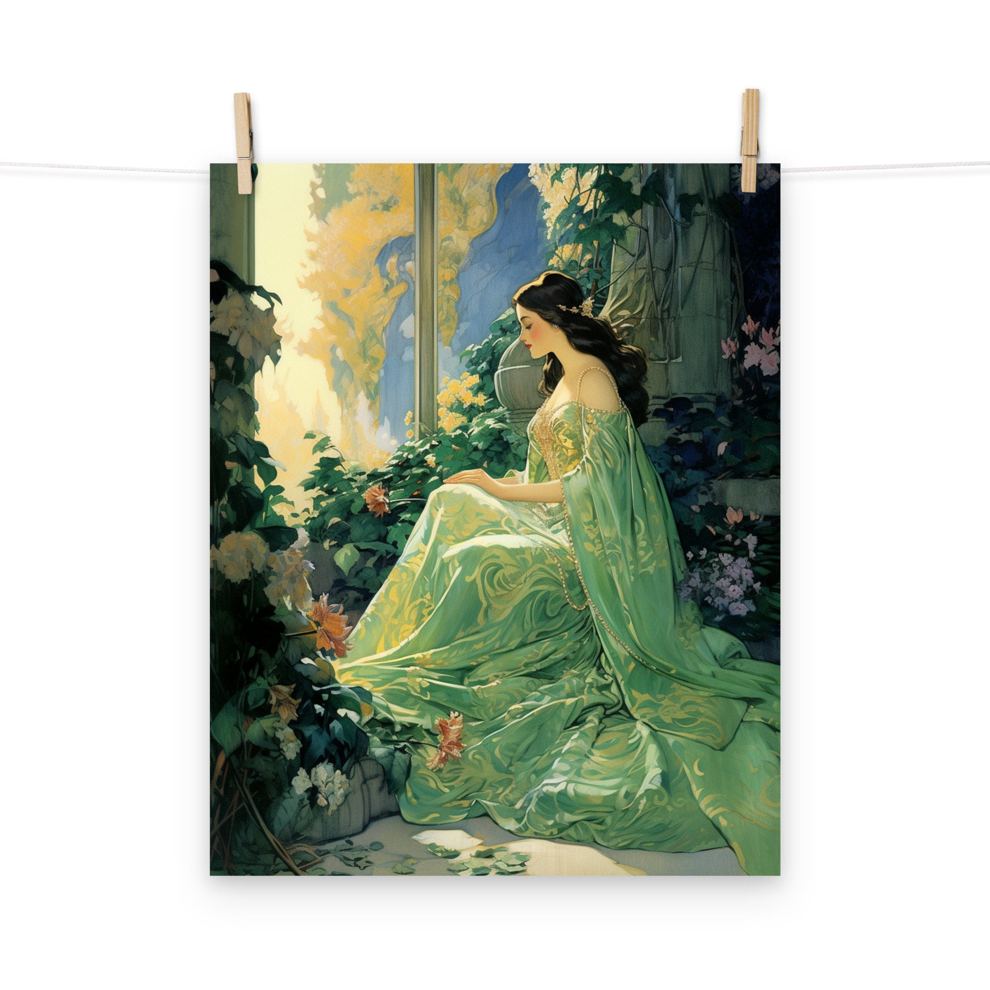 Beautiful Green Medieval Princess in a Castle Poster - Classic Romantic Art Print for Elegant Interiors