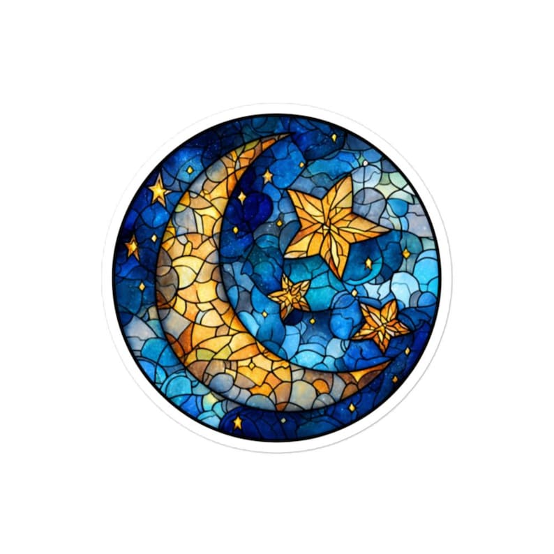 Stained Glass Moon & Stars Vinyl Sticker – Celestial Blue Night Sky ...
