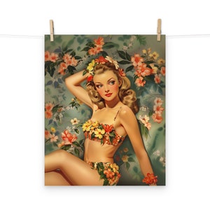Vintage Pin-Up Girl with Tropical Flowers Poster - Classic Beauty and Floral Charm, Retro Style Wall Art