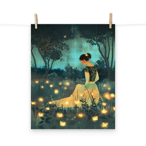 Poster "Donna con lucciole e farfalle" - Decorazione murale di un prato incantato per un arredamento originale