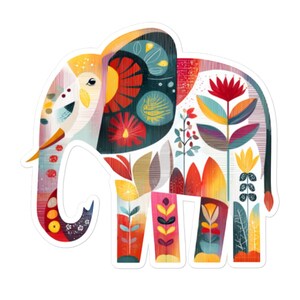 May include: A colorful sticker featuring an elephant design. The elephant is filled with floral patterns in shades of red, yellow, blue, and green. The sticker has a white border and is suitable for various applications.