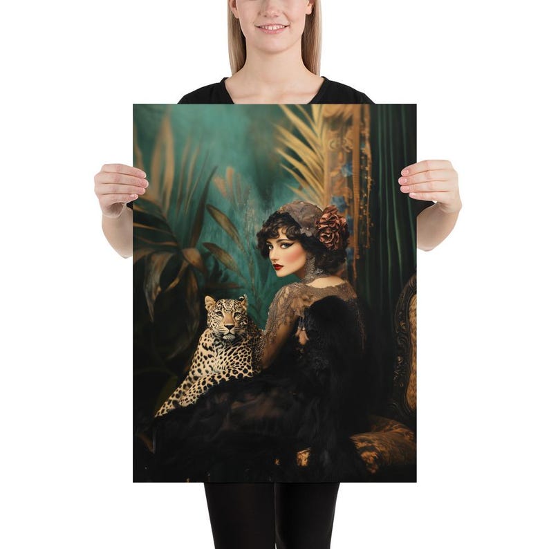 May include: A woman in a black dress and a floral headband sits with a leopard in a lush, green jungle setting. The woman's dress is adorned with lace and she has a serious expression on her face. The leopard is looking directly at the viewer.