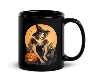 Vintage Halloween Witch Black Coffee Mug