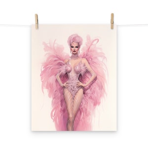 Poster vintage di schizzo di moda di una drag queen di Pink Showgirl