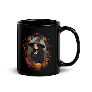 Art Nouveau Halloween Witch Black Glossy Mug