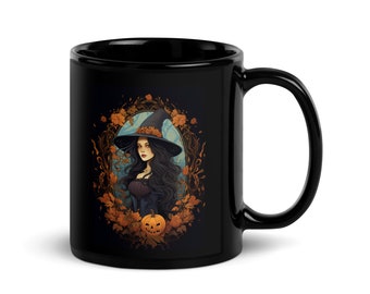 Art Nouveau Halloween Witch Black Glossy Mug