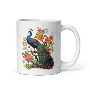 Beautiful Peacock and Flowers White Coffee Mug – Perfect Gift for Bird and Nature Lovers