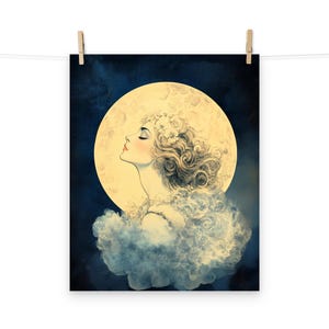 Celestial Moonlit Goddess Poster – Whimsical Art Nouveau Style Wall Art for Home Decor