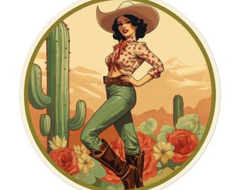 Retro Western Cowgirl Vinyl Sticker – Vintage Desert Pin-Up Decal for Laptops, Water Bottles, Gifts and More